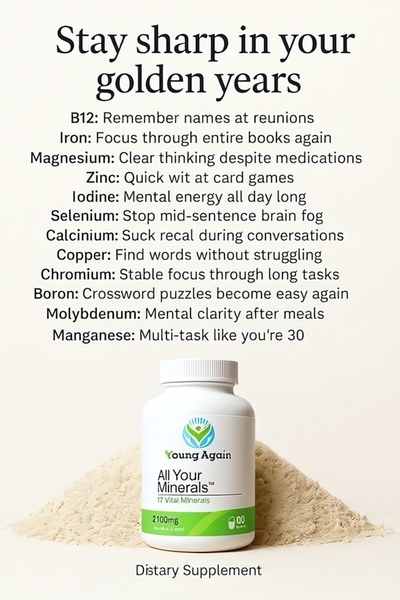 A clean, listicle-style product advertisement for a dietary supplement that maps specific ingredients to improved cognitive functions for older adults.